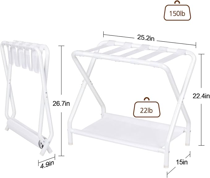 AMHANCIBLE Luggage Rack, Set of 2, Foldable Suitcase Stands for Guest Room | Metal Luggage Holder with Storage Shelf for Bedroom, Hotel, Easy Assemble, White