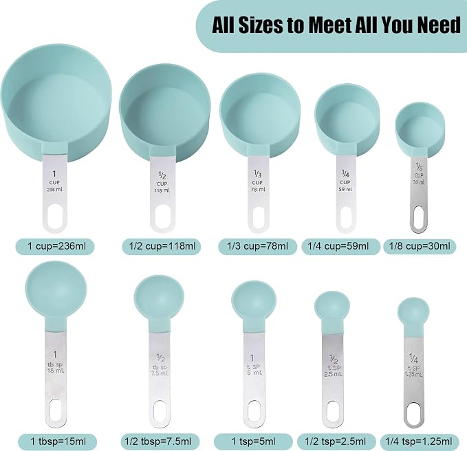 Measuring Cups and Spoons Set, 10-Piece, mint green | Stackable Nesting Design, Stainless Steel Handles, For Cooking, Baking & Meal Prep