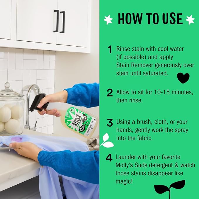 Molly's Suds Stain Remover Spray | Gentle Yet Powerful, Great for Baby & Pet Stains | Clean, Simple Ingredients (Fragrance Free) (3 Fl Oz (Pack of 1))