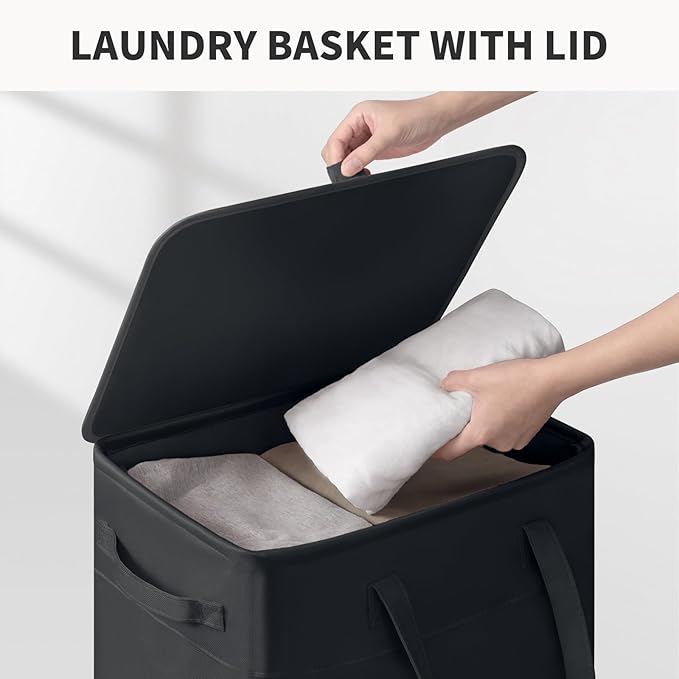 Goodpick 75L Rolling Laundry Hamper with Wheels and Lid, Black | 16.5 × 12.5 × 27.5 in, Removable Wash Bag, Collapsible, Dorm & Bathroom Organization, Dirty Clothes & Bedding Storage
