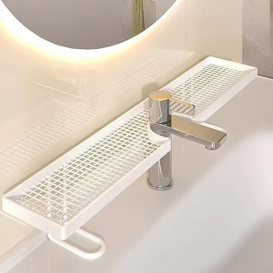 Bathroom Sink Shelf Over Faucet, Over Bathroom Sink Shelf Organizer, No-Drill Faucet Storage Rack, Behind Faucet Storage Shelf for Bathroom Counter Organization (White, L:19.6in)