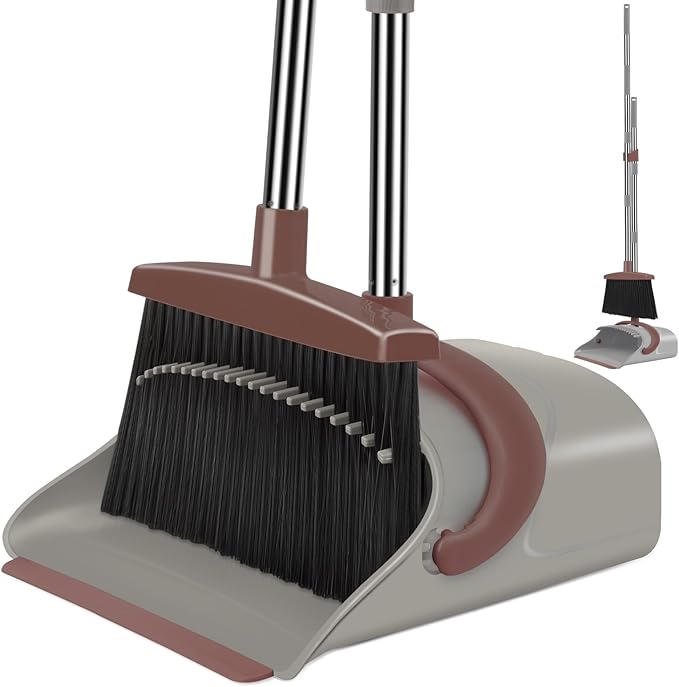 Ivandar Broom with Dustpan Combo Set, 50.6 inch Long Handle, Upright Standing Broom and Dustpan Set Quiet Cleaning Tool Sweep the Floor Dust pan Removes 4 Times More Pet Hair(Brown and Gray)