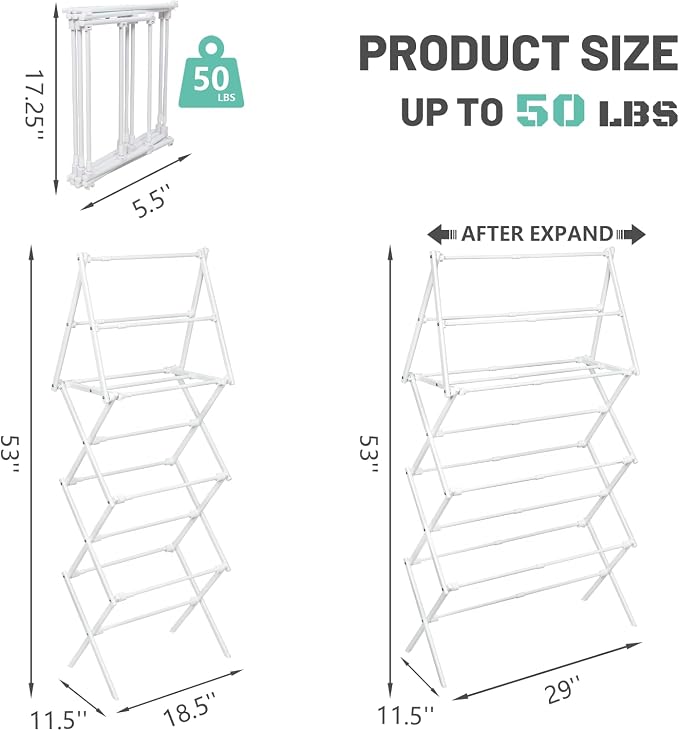 ZOES HOMEWARE 4 Tier Clothes Drying Rack Foldable | Foldable Clothing Drying Rack | Laundry Drying Rack Collapsible for Laundry Room, Dorm, Expandable Sturdy Metal Design | White 29"L x 11.5"W x 53"H