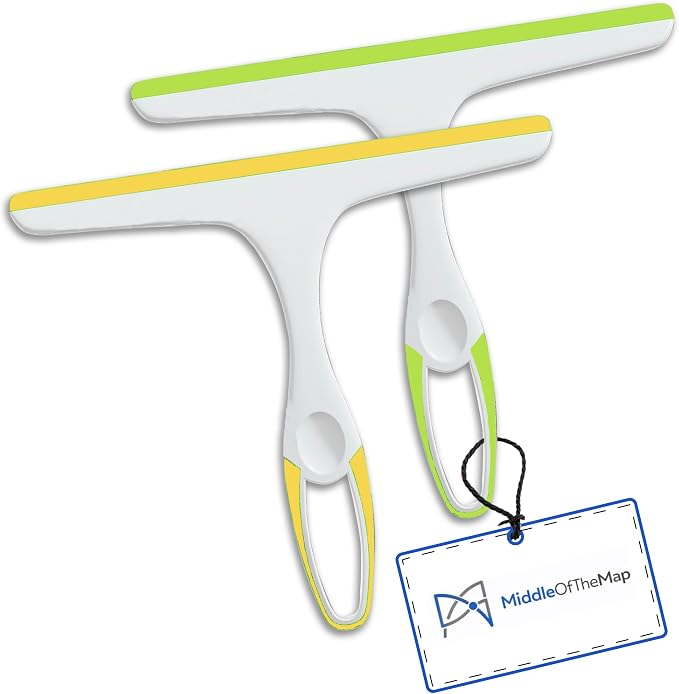 Middleofthemap Shower Squeegee - Flexible Silicone Blade, Lightweight Plastic Handle, Easy Hanging Hook, Attractive Colors, Perfect for Glass Doors, Windows, Tiles, and Mirrors 9.5" (2)