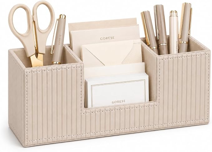 GORESE Pen Holder for Desk, Leather Small Desk Organizer for Office, Beige | 4-Compartment, Vegan Leather, Office Supplies, Desk Caddy Nightstand Organizer for Pen, Pencil, Remote Control, Business Card
