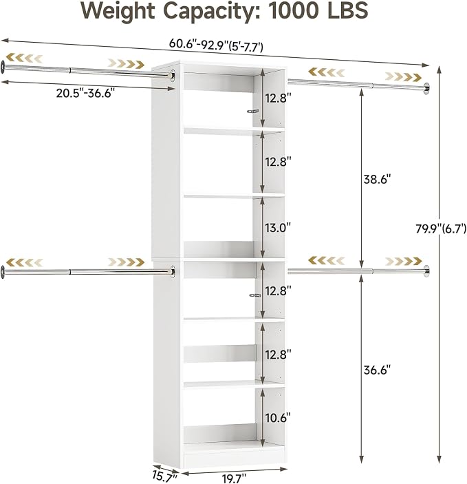 W1 Closet System, 3.5FT-7.7FT Closet Organizer System with 4 Chrome-Plated Telescopic Rods & 6 Adjustable Shelves, Custom Wood Walk-In Closet Wall-Mounted Clothing Rack, White