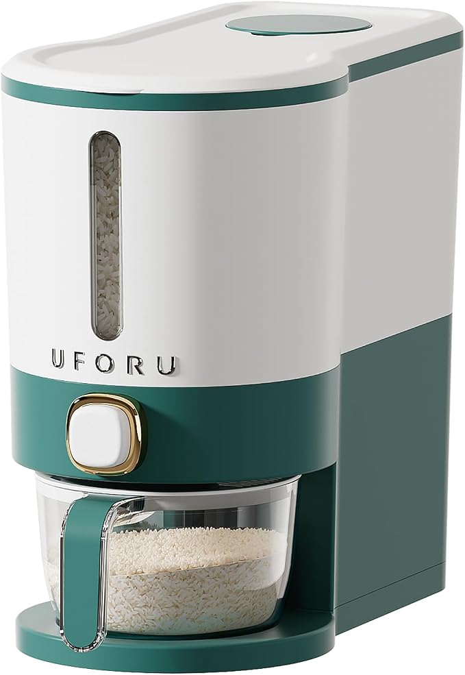 UFORU Rice Dispenser, Rice Storage Container with Measuring Cup for Kitchen Pantry Household, Dry Food Storage Containers Airtight, Sealed Moisture Proof (Green 13 Lbs)