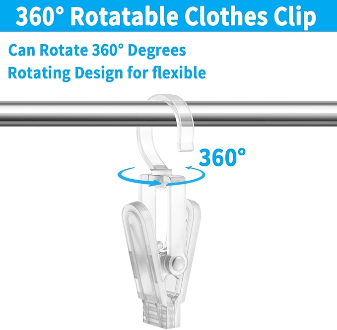 20 PCS Laundry Hooks with Clips Super Strong Plastic Home Travel Swivel Hanging Hanger Closet Organizer Clamps Socks Boot Bras Towels for Bathroom Wardrobe Kitchen Office - 4.3 Inches (Clear)