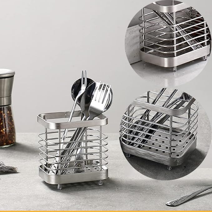 Utensil Holder, Stainless Steel Sink Utensils Holder Countertop, Kitchen Utensil Drying Caddy, Cutlery Drainer for Utensil, Rust-Proof Cutlery Sink Organizer (Silver)