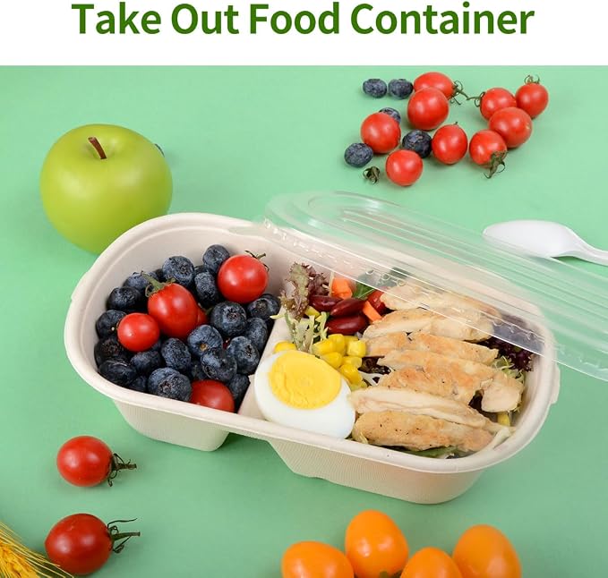 50 Pack Large 2 Compartment Paper Bowls with Lids, Divider Food Containers Disposable for Main Dish with Sides, Chip Dips (50 Bowls 50 Lids)