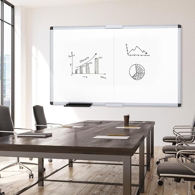 VIZ-PRO Magnetic Dry Erase Board, 60 X 36 Inches, Foldable Wall-Mounted Whiteboard with Silver Aluminum Frame & Marker Tray for School Office and Home 5' X 3'