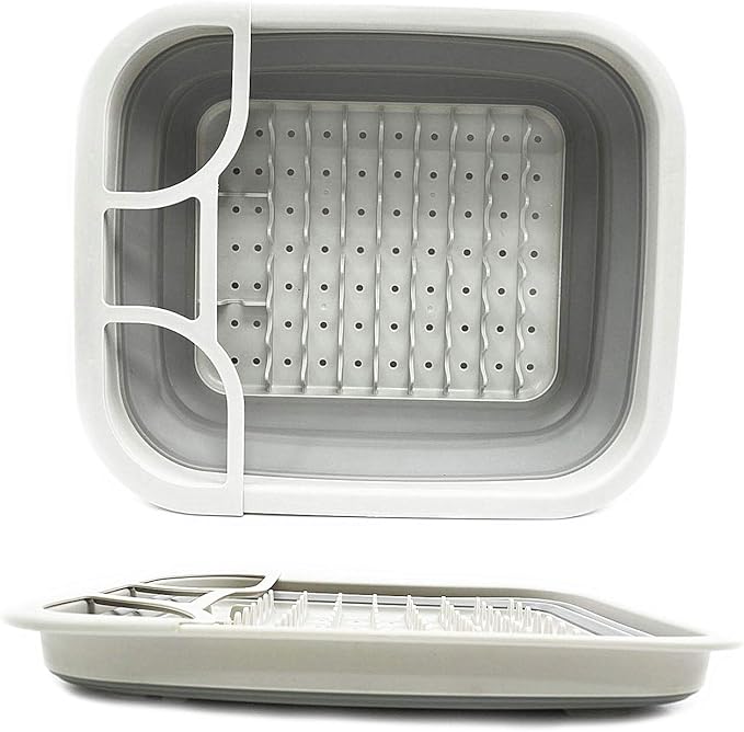 SAMMART Collapsible Dish Drainer with Drainer Board - Foldable Drying Rack Set - Portable Dinnerware Organizer - Space Saving Kitchen Storage Tray (1, Grey)