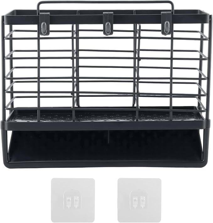 3-Compartment Dish Drying Rack for Kitchen, Carbon Steel Utensil Holder with Drain Tray, Utensil Caddy Organizer for Knives, Forks, Spoons, Chopsticks, Wall Mount or Countertop (Charcoal Grey)