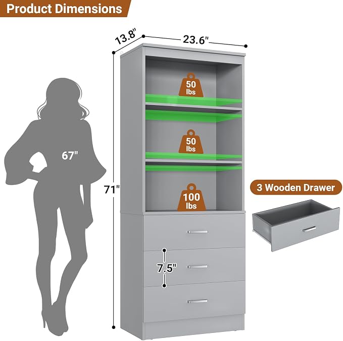 Aheaplus 23.6" Closet Drawers System, Wood Closet Organizer System with 3 Drawers, Modular Small Walk-in Closets Storage Unit, Grey (23.6" L x 13.8" W x 71" H)