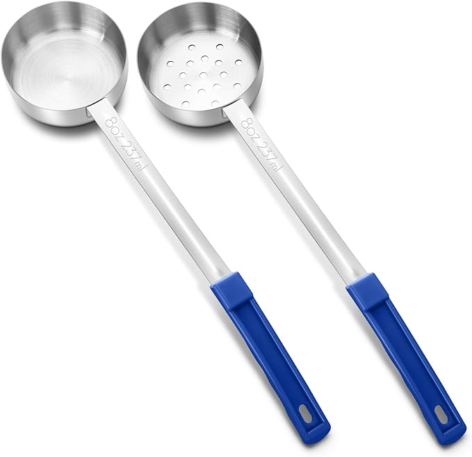 Teenyyou 2 Pcs Portion Control Serving Spoons, Restaurant Measuring Serving Ladle Utensils, Portion Spoons for Weight Loss, Kitchen(Blue,8 oz,Solid and Slotted)