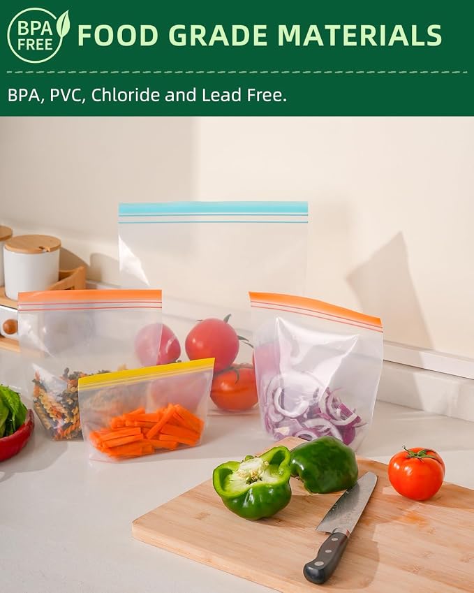 Lerine 18 Pack Reusable Freezer Bags Dishwasher Microwave Safe, Stand Up BPA Free Reusable Sandwich Bags, Leakproof Food Storage Bags for Meal Prep (Multicolor, 7Gallon 7Sandwich 4Snack)