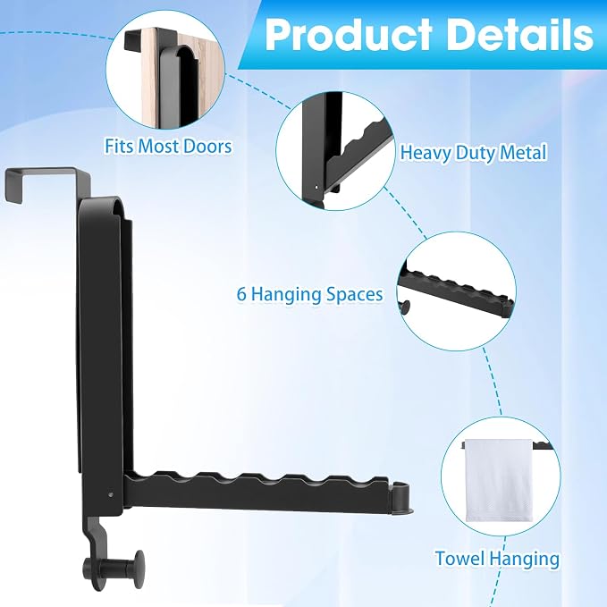 Over The Door Drying Rack, 2 Pack Grey Foldable Clothes Hanger Doors Hooks | Fits Doors Up To 1.88", Foldable Design, 6 Anti-Slip Slots with Extra Hanging Rod, Door Organizer Rack for Laundry Clothes