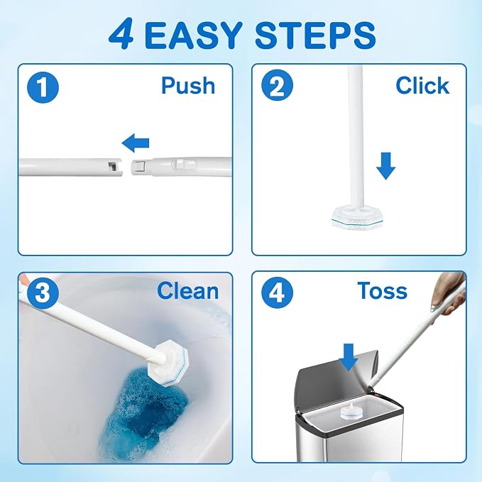 Disposable Toilet Brush and Holder Set, 40 Pre-Filled Refills, 5X Powerful No-Shed Pads, 360° Deep Toilet Bowl Clean, Toilet Bowl Cleaners with Storage Caddy & Adhesive Hooks