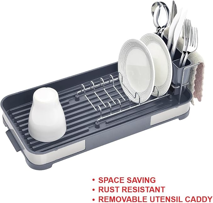 Glad Stainless Steel Dish Drying Rack - Small Space Saving Dish Drainer with Removable Cutlery Holder, Drain Spout, and Towel Bar - Rust-Resistant Metal Rack for Kitchen Countertops, (8”W x 17.5”L)