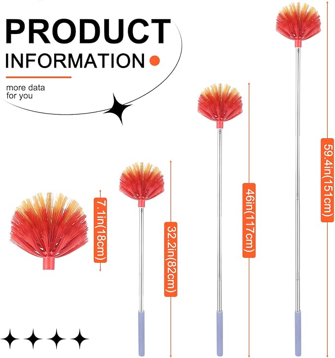 Cobweb Duster with Extension Pole, 59" Adjustable Spider Web Brush | Washable Duster with Medium-Stiff Bristles for Ceiling Fan, High Ceilings, Blinds, Furniture, Kitchen, and Home Cleaning