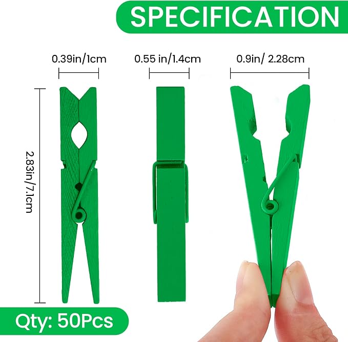 50PCS Colored Wooden Clothespins 2.9 Inch Color Clothes Pins for Pictures | Colorful Close Pins Wood for Photos Classroom School Decoration Craft Cheer, Green