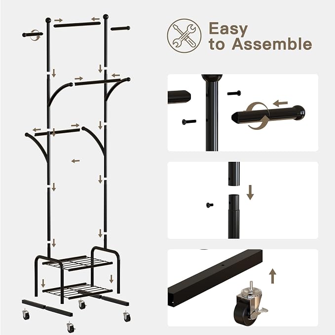 Rolling Clothes Rack with 2 Metal Shelves, 71" Portable Clothing Rack with Wheels, Small Garment Rack with 2 Side Hanging Rods, Freestanding Coat Rack for Laundry Room, Bedroom, Black