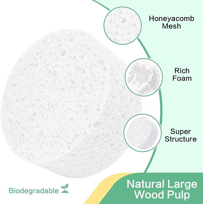 3-Pack Large Sponge, Kitchen Sponges, Handy Sponges, Cellulose Sponges, Dish Washing Sponge, Natural Sponge, Car Washing Sponge, Eco Friendly Sponge (Round, 4" X 4" X 2"), White