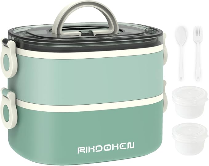 RIKDOKEN Lunch Box, Stackable 2 Layers Containers, Portable 64OZ Large Capacity Leakproof Bento Box with Spoon & Fork & Sauce Boxes, Microwave Safe Lunch Box for Kids and Adults