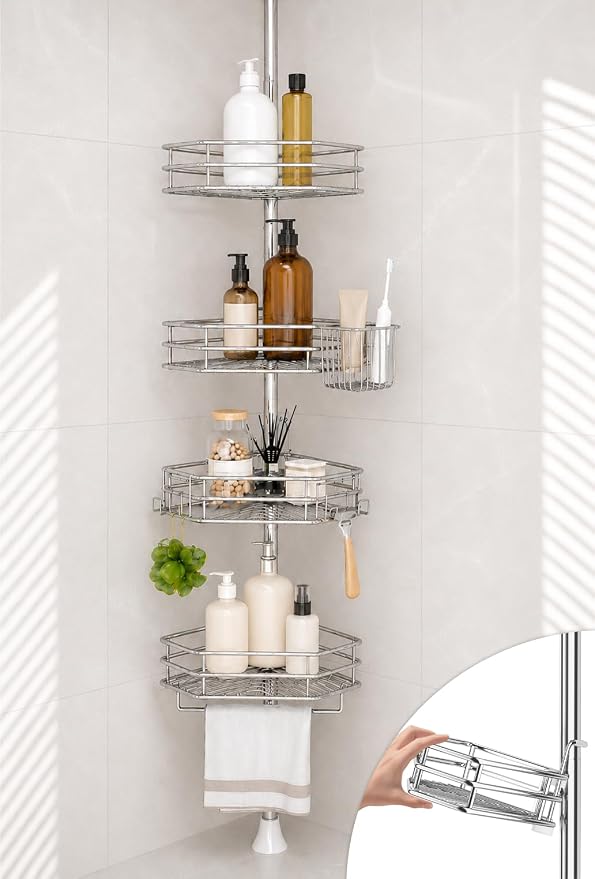 SEIRIONE Corner Shower Caddy Tension Pole, Quick Setup, Rust-Free Bathroom Shower Organizer Corner for Bathtub Shampoo Storage, 4-Tier Adjustable Shelf, Drill Free, Fits 34 to 116 Inch Height, Chrome