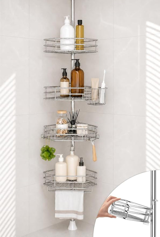 SEIRIONE Corner Shower Caddy Tension Pole, Quick Setup, Rust-Free Bathroom Shower Organizer Corner for Bathtub Shampoo Storage, 4-Tier Adjustable Shelf, Drill Free, Fits 34 to 116 Inch Height, Chrome