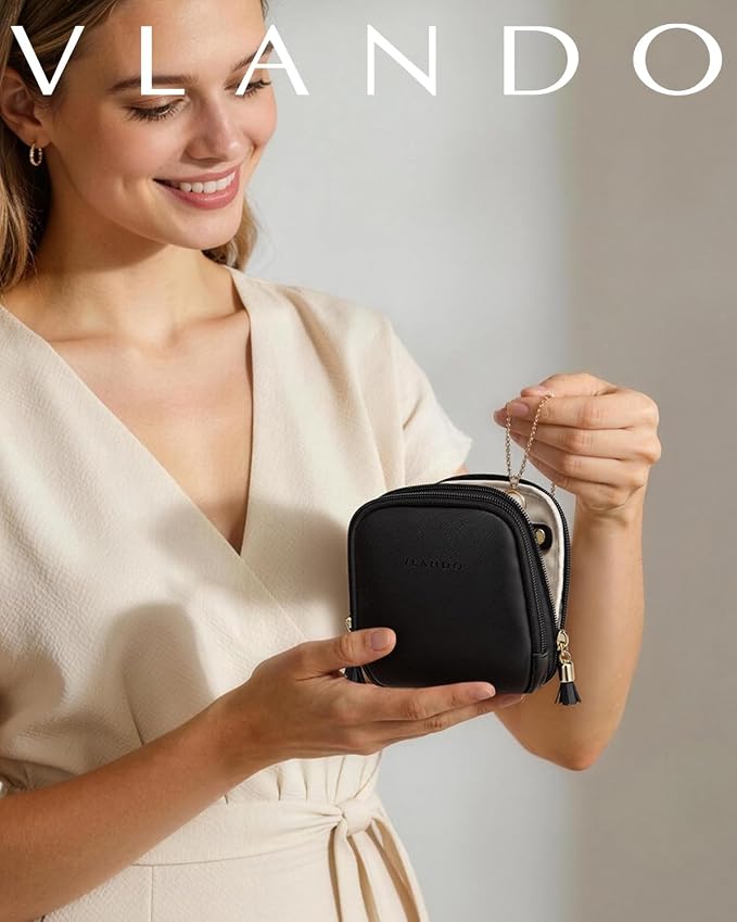 VLANDO 2-Layer Travel Jewelry Organizer for Necklaces,Rings,Earrings | Multi-Compartment Faux Leather Pouch with Velvet Lining Designed for Business Trips,Vacations,Daily Carry,Black