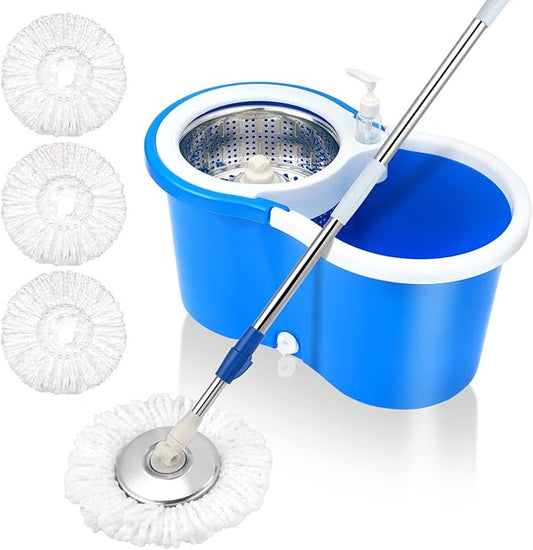 Spin Mop Bucket System, 360 Spin Floor Cleaning Mop Bucket with 3 Microfiber Replacement Head Refills Telescoping Handle for House Cleaning