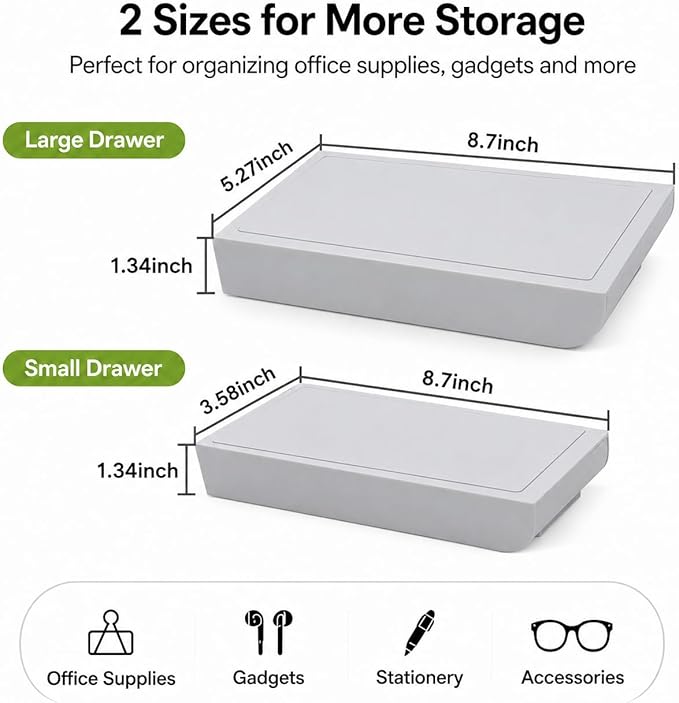 Under Desk Drawer, 2 Pack Self Adhesive Slide Out Desk Storage Drawers | Hidden Desk Drawer Organizer Attachment for Pens, Notes, Earbuds, Cables and Small Office Accessories, Grey