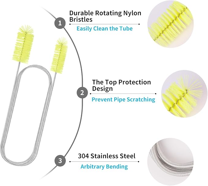 Flexible Drain Brush, 66 Inch Double Ended Aquarium Filter Hose Long Pipe Cleaners Brush for Fish Tank, Sink, Drain, and 2 Pieces 12 Inch Straw Cleaning Brush