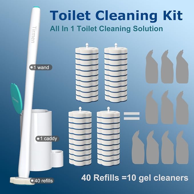 Disposable Toilet Brush: Toilet Bowl Brush and Holder Set with 40 Wand Refills, Upgraded Handle, 2X Cleaners, Toilet Cleaning System with Storage Caddy for Sink, Bathtub, Floor, Drain (Green)