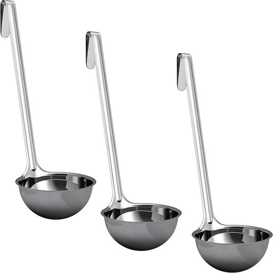Super Sturdy, Ergonomic 8 Oz. Soup Ladle 3 Pk. Stainless Steel Ladles with Long Handles. Best Kitchen Accessories for Stirring, Portioning and Serving Soups, Chili and Stew in Restaurants and at Home