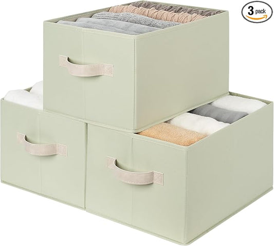 StorageWorks Storage Baskets for Shelves, Closet Organizers and Storage Basket, Fabric Clothes Organizer with Leather Handles, Light Green, 3-Pack, Large