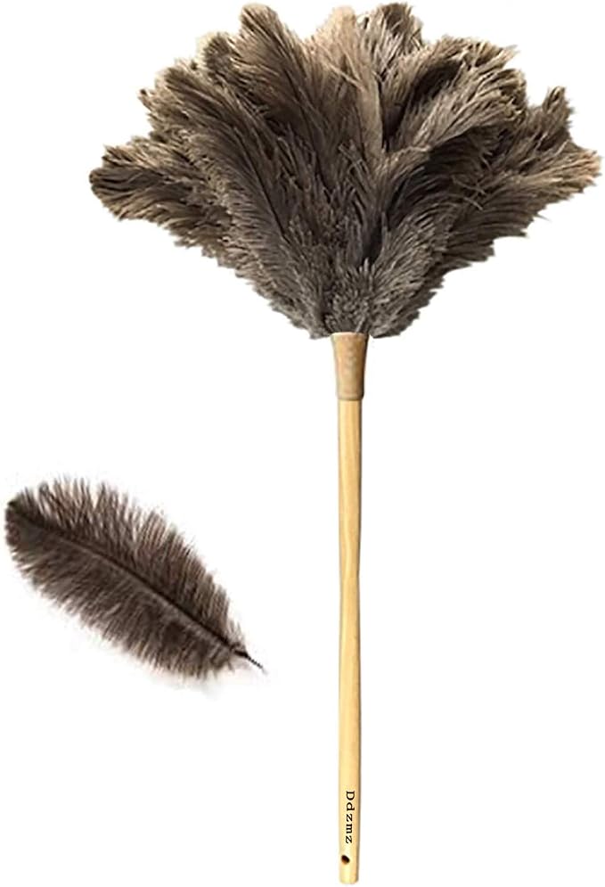 DDZMZ Ostrich Feather Duster for Cleaning with Long Wooden Handle,24" | Genuine Natural Fluffy,Reusable and Washable,Gentle on Delicate Surfaces,for Home,Furniture,Desk