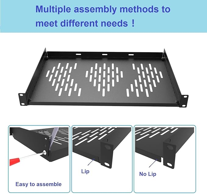 Beiyier 2PCS 1U Server Rack Shelf, Suitable for 19" Network Equipment Racks and Cabinets, Ventilated Cantilever Tray, Depth of 12 inches, Well-Ventilated (Black)