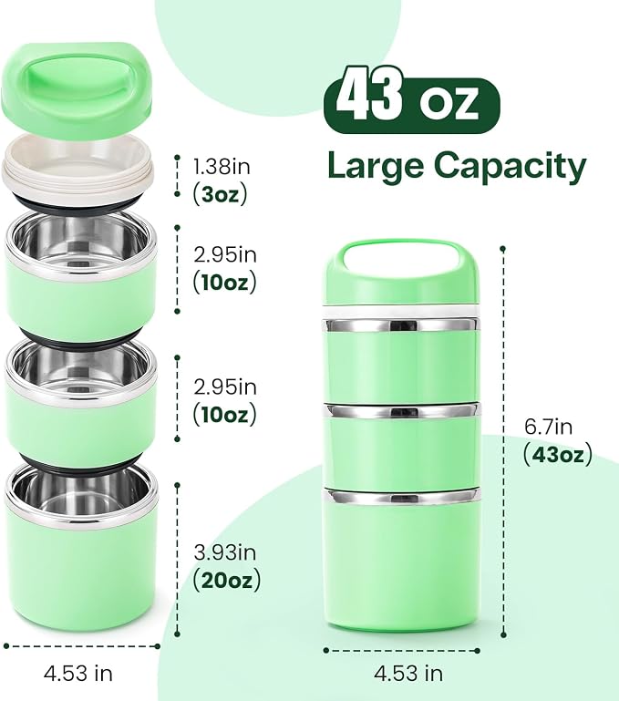 Lille Home Stackable Stainless Steel Thermal Compartment Lunch/Snack Box, 3-Tier Insulated Bento/Food Container with Lunch Bag and Three Extra Seals, 43OZ (Green)