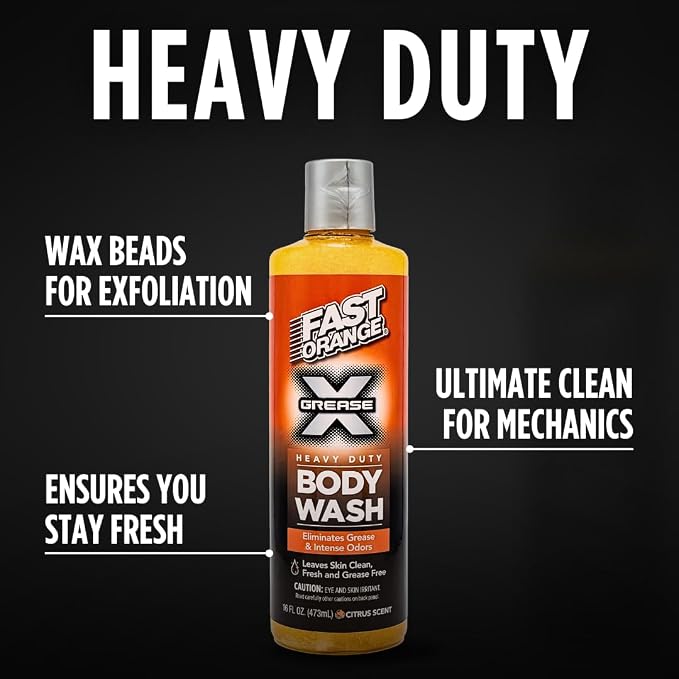 Fast Orange 25716 Grease X Body Wash, Exfoliating & Hydrating Heavy Duty Shower Gel for Men and Women, Mechanic & Industrial Body Soap Removes Grime, Oil, Automotive Odors & More, Citrus Scent 16 Oz.