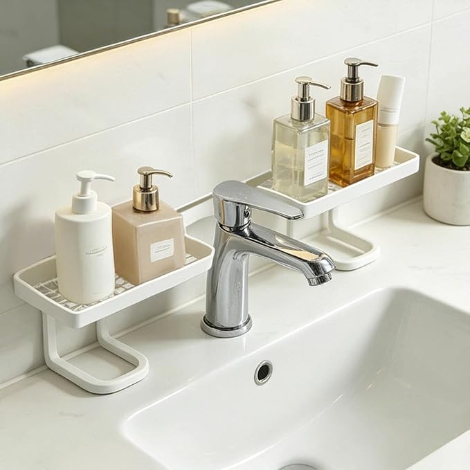 Over Sink Faucet Storage Rack, No Drill Free Standing Faucet Organizer Shelf with Drainage Design, Space Saving Countertop Storage for Kitchen and Bathroom (White)