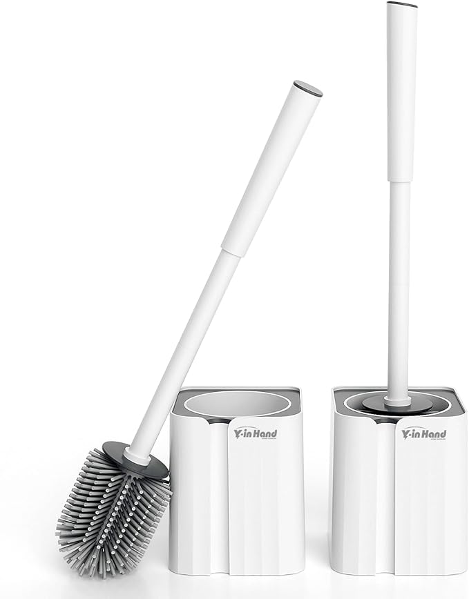 Y-in Hand 2 Pack Silicone Toilet Brush, Soft Toilet Bowl Brush Set for Deep Cleaning. Bathroom RV Accessories with Long Handle, Wall mountable. - White