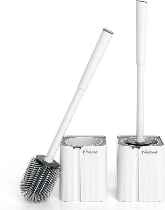 Y-in Hand 2 Pack Silicone Toilet Brush, Soft Toilet Bowl Brush Set for Deep Cleaning. Bathroom RV Accessories with Long Handle, Wall mountable. - White