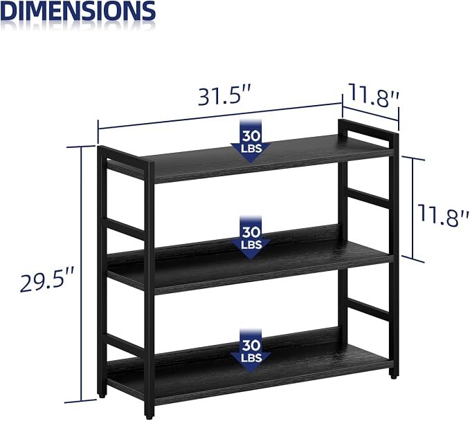 NUMENN Wide Bookshelf, 3 Tier Freestanding Shelving Unit, Black | Metal Frame & Wood Shelves, Falling Prevention Baffle, Open Storage Bookcase for Bedroom, Living Room & Home Office