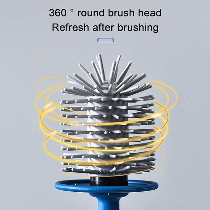 Toilet Brush and Holder Set 3 in 1 (Round Silicone Brush + Flat Silicone Brush + Slit Brush) Toilet Bowl Brush Clean Every Corner of The Toilet, Compact Size Toilet Brushes (Blue)