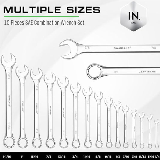 SWANLAKE 15-Piece SAE Wrench Set, V Notch Premium Combination Wrenchs Set, SAE 1/4" to 1-1/16", Max Torque, 12-Point, Chrome Vanadium Steel, with Storage Rack