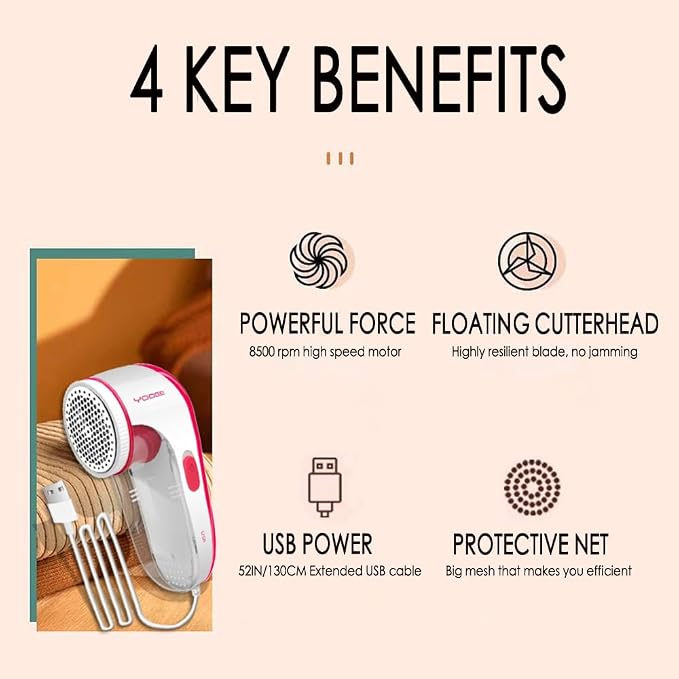 【High Power, High Efficiency】 Nayoge Electric Lint Remover,Fabric Shaver,Fuzz Remover,Remove Pilling of Clothes,Sweaters,Couch,Bed Sheets,Socks and Other Fabric,4 Stainless Steel Blades,USB Powered