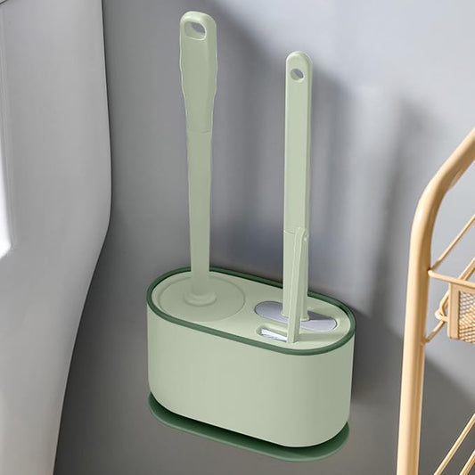 Toilet Brush and Holder Set 3 in 1 (Round Silicone Brush + Flat Silicone Brush + Slit Brush) Toilet Bowl Brush Clean Every Corner of The Toilet, Compact Size Toilet Brushes (Green)