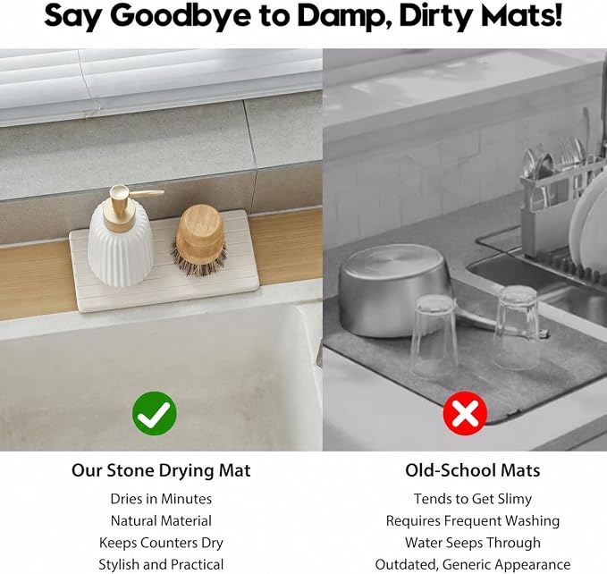 Diatomaceous Earth Sink Organizer Tray Set, 3-Pack Fast Drying Water Absorbing Stone Soap Holder Caddy for Kitchen & Bathroom Counter, Faucet Splash Guard, Beige (1pc of 8"x3.8" + 2pcs of 3.8"x3.8")